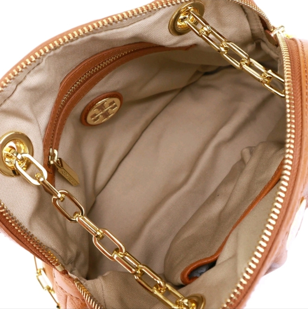 Tory Burch Crinkle Leather 2 Way Crossbody Bag w Chain in Royal Tan W/ Dustbag - Picture 4 of 9